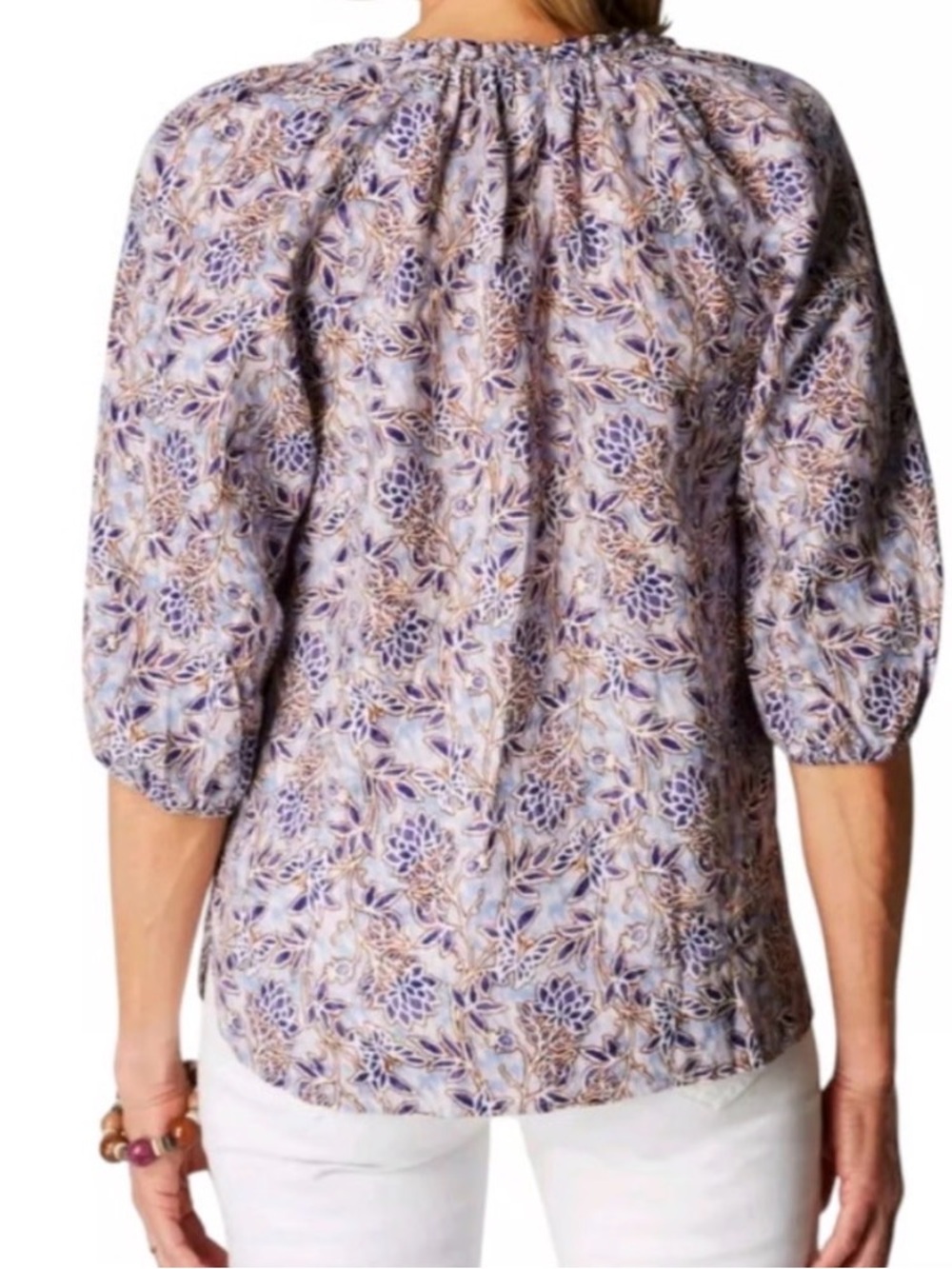 J. Jill Lavender Floral Gathered-Neck Blouse, EUC, size medium.